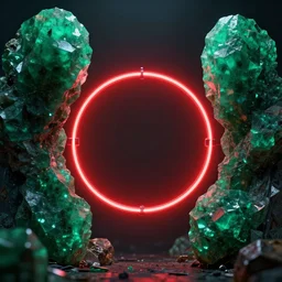a detailed photo of red neon circle in the middle of flanked by huge emerald minerals, cyberpunk, 4 k