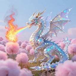 a dragon made of opal crystals, breathing rainbow fire over a field of cotton candy grass, in the style of artgerm.