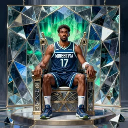 intense karl anthony towns cover art bakground geometrical glass in the throne room, minnesota timberwolves, midnight blue, aurora green, lake blue, moonlight grey,, intricate, elegant, highly detailed, my rendition, digital painting, artstation, concept art, smooth, sharp focus, illustration, art by akira toriyama and sam bosma and james gilleard