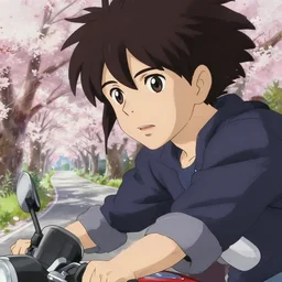 cinematic close up of a person riding a motorcycle on a road near a sakura forest, delicate features finely detailed perfect art, gapmoe yandere grimdark, trending on pixiv fanbox, painted by greg rutkowski makoto shinkai takashi takeuchi studio ghibli
