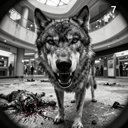 Close up camera footage of a extremely aggressive Feral Mutated Wolf with severe late stage rabies in an abandoned shopping mall, Wolf Snarling Directly toward camera, Terrifying :7 , high exposure, dark, monochrome, camera,  grainy, CCTV, security camera footage, timestamp, zoomed in, Feral, fish-eye lens, Rabid, Radiation Mutated Wolf, Nightmare Fuel, Wolf, Evil, Bite, Motion Blur, horrifying, lunging at camera :4 bloody dead body, blood on floors, windows and walls :5
