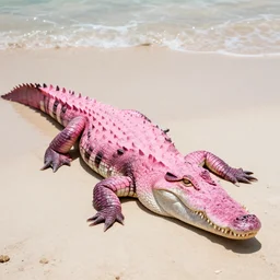 A pink crocodile chilling at the beach