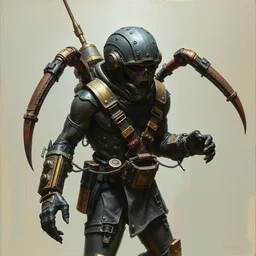 medium shot, small halfling black - skin! man strapped in a steampunk large exoskeleton, painting by dave dorman and daniel docciu