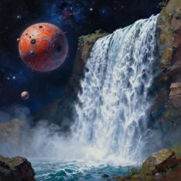 !! waterfall !! in asteroid field, space with stars and cosmos in background, ultra detailed, high quality, very sharp, artstation award winner, oil painting, digital painting, ultra realistic, 8k, vibrant, ultra detailed water