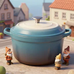 a huge dutch oven in the town. the dutch oven has dwarves and humans drinking beer in front of it, high fantasy