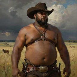 a beautiful dramatic epic painting of a thicc chubby handsome shirtless black man | he is wearing a leather harness and cowboy hat | prairie setting | homoerotic, highly detailed, dramatic lighting | by Mark Maggiori, by William Herbert Dunton, by Charles Marion Russell | trending on artstation