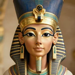 beautiful cute egyptian queen with golden crown, nefrtiti, one person, symmetrical face, head shot, photorealistic, single person, portrait