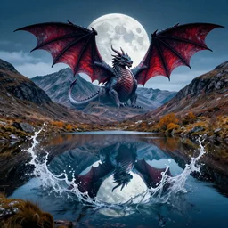 landscape scottish mountains dragons moon mirror lake splash art graphic design color splash high contrasting art, fantasy, highly detailed, art by greg rutkowski
