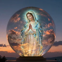very faint luminescent virgin mary portrait sphere painted with sunset clouds