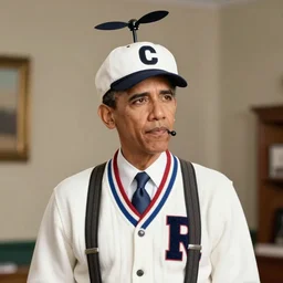 riverdale still of obama wearing suspenders, a white varsity sweater with a varsity letter r, and a propeller cap, cap with a propeller on it, 1 9 5 0 s