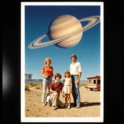 3 5 mm film still poster style of 7 0 s with a family on vacation with saturn on the sky