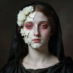 hyperrealism close - up mythological portrait of a beautiful medieval woman's shattered face partially made of white color flowers in style of classicism using the fibonacci golden ratio, pale skin, red shadows on the eyes, wearing black silk robe, dark and dull palette