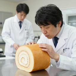 chemists in white coats are eating a giant roll, hasui kawase