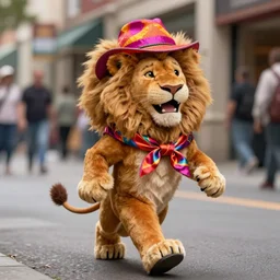 An anthro anthropomorphic lion wearing a brightly coloured hat and silk scarf, proudly walking down the street, happy, joyful, in the style of Cassius Marcellus Coolidge