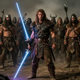 an ancient tribesman with laser sword standing in front of barbarian horde, dramatic lighting, cinematic, establishing shot, extremely high detail, photorealistic, cinematic lighting, artstation, octane render, western,old photo, vintage