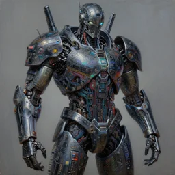 dark cyborg armour made of intricate complex circuitry and microchips, iridescent, warrior, colorful, intricate linework, realistic oil painting, rutkowski, wlop, chebokha, artgerm