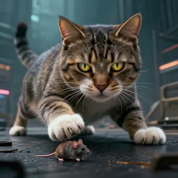 a huge cat pet catches a mouse by mark ryden, in cyberpunk, 4 k, vfx, ultra high resolution, long camera shot