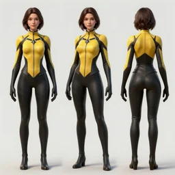full body character turnaround of a woman in an orb weaver outfit, character sheet, matte painting, john singer sargent, good value control, highly detailed portrait, character turnaround, digital painting, concept art, sharp focus, smooth, 3 d model, illustration, yellow and black color scheme, realistically proportioned body, 8 k