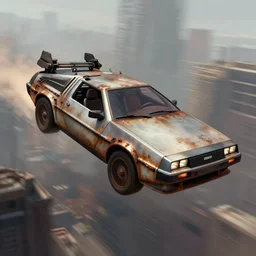 a rusty corroded futuristic dieselpunk delorean flying through a dieselpunk city, 4 k, concept art, wadim kashin, john berkey