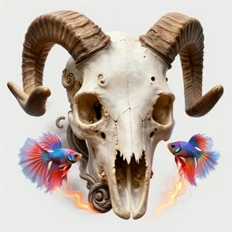 3 d close - up swirly human skull!!! ram skull portrait!!! giant gladiola betta fish!! jellyfish phoenix fire energy flow, highly detailed. by wlop, tooth wu, greg rutkowski, alena aenami, beeple