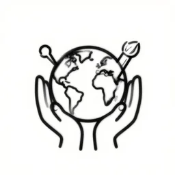 a creative logo of hands around earth with musical instrument and paint brush, simple lineart, black and white, vector
