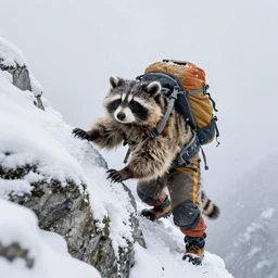 a professional hiker racoon in mountaineer dress climbing on a snowy mountain amidst strong snowstorm. dslr photo.