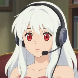 anime visual of a young woman, large red eyes, long white hair, ( ( wearing a headset in her room interior ) ), anime poster, cute face by ilya kuvshinov, studio ghibli, makoto shinkai, 4 k, flat cel shaded,