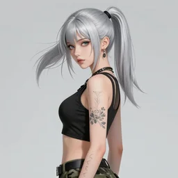 girl, silver hair (ponytail), multicam (camo), tattooed arm, (trending on artstation), beautiful face, cinematic full body shot, ilustration by Takehiko Inoue (((and Yoann Lossel)))