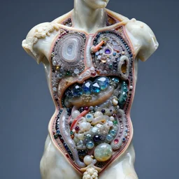 detailed carved sculpture of a male torso split open, internal organs made out of gemstones geodes and chalcedony, Rococo style, stunning 3D render, multicolored starglow, wide angle camera, cool blue background