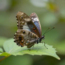 a macro photo of a steampunk butterfly resting on a leaf in the garden, background bokeh