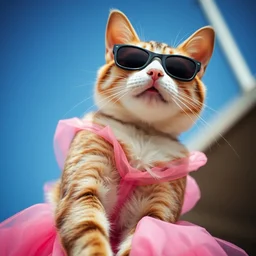 low angle shot of a cat in a pink dress with black sunglass, trending on artstation