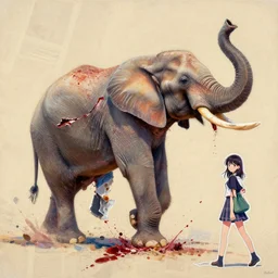 collage of an elephant torn into bloody parts, floating in the air, sand texture, pastel painting, oilcolors, splash of colors, newspaper collage, cutout, realistic style, anime girl 8 k