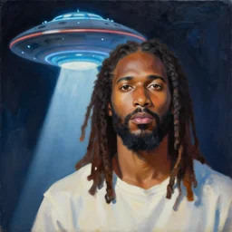 UFO next to an African Jesus with dreadlocks, portrait painting by Hsiao-Ron Cheng,