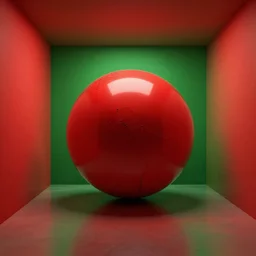 a red reflective sphere inside of a room with red and green walls, 3 d render