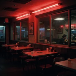 simple small chinese restaurant interior dimly lit by red neon lighting Friday evening Bladerunner 2049 scene. Dark glass windows. Set design by Alessandra Querzola and Dennis Gassner. Cinematography by Roger Deakins 1989 film photo slightly grainy.