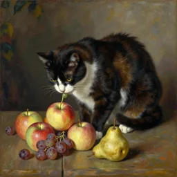 vintage beautiful painting of a cat eating apples grapes and pears in Mary Cassatt style