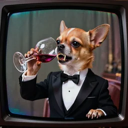 movie frame still from live action crazy chihuahua with long and sharp fangs in a tuxedo drinking wine from a skull, 8 k, vhs glitch, old tv, ultra wide angle, zenith view, greg rutkowski, intrincate, highly detailed, ilm, oscar winning photography, grain, dramatic lighting, greg nicotero, horrifying movie, nightmare fuel, horror movie