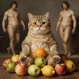 a cat dressed as a teddy bear sitting on a pile of fruit, a still life by michelangelo, reddit, furry art, furaffinity, phallic, renaissance painting