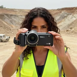 photo, close up, salma hayek in a hi vis vest, in dusty open pit mine, android cameraphone, 2 6 mm,