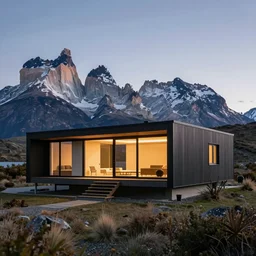 A sleek, award-winning ultramodern house nestled in the Patagonian Torres del Paine, 4K photograph, very very very very beautiful