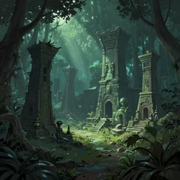 Ancient alien ruins in the middle of an overgrown forest, dreamscape, dramatic lighting, fantasy art illustration, trending on artstation, Aetherpunk