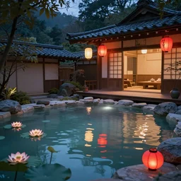 ethereal empty onsen next to japanese architecture teahouse with floating red lanterns and lotuses by greg rutkowski craig mullins ross tran mucha cozy zen garden glowing water lumen reflections matte painting concept art clear focus fantasy specular lighting global illumination trending on artstation