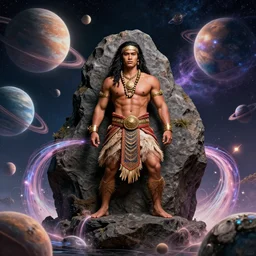 the rock as a hawaiian warrior surrounded by intergalactic planets connected by streams of magical flow, sigma male, gigachad, visually stunning, luxurious, by james jean, jakub rebelka, tran nguyen, peter mohrbacher, yoann lossel, wadim kashin
