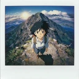 overhead fisheye view polaroid film still portrait of a 1 9 5 0's adventurer girl atop a big mountain, finely detailed features, perfect art, water, sun, gapmoe yandere grimdark, trending on pixiv fanbox, painted by greg rutkowski makoto shinkai takashi takeuchi studio ghibli, akihiko yoshida, render man