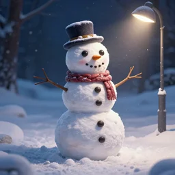 a highly detailed 3 d render of a snowman made entirely out of beans on a snowy winter night, lit by a dim streetlight, evocative, profound