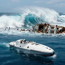 a shallow ocean at the bottom of which is a spaceship, behind which is a 300-meter wave, and people in spacesuits are studying the wreckage of another ship, photorealistic