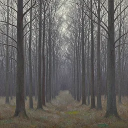 a meadow clearing with extremely thin tall trees, winter, spirit of the forest dwells, magically dense, calm serene atmosphere, by asher brown durand, by yoshitaka amano