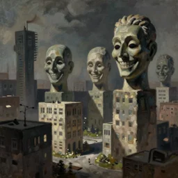 soft focus with deep shadows, dystopian surreal painting of eerie grinning head statues and block buildings by zdzisław beksinski