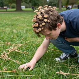gamer chad touching grass for the first time in a park, fungus replacing their hair, dead grass around them