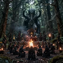 detailed ultrarealistic photography of dark ritual in the forest, cthulhu statue, dark altar, crowd of cultists, ritual bonfire, wickerman, cinematic, full shot, symmetric